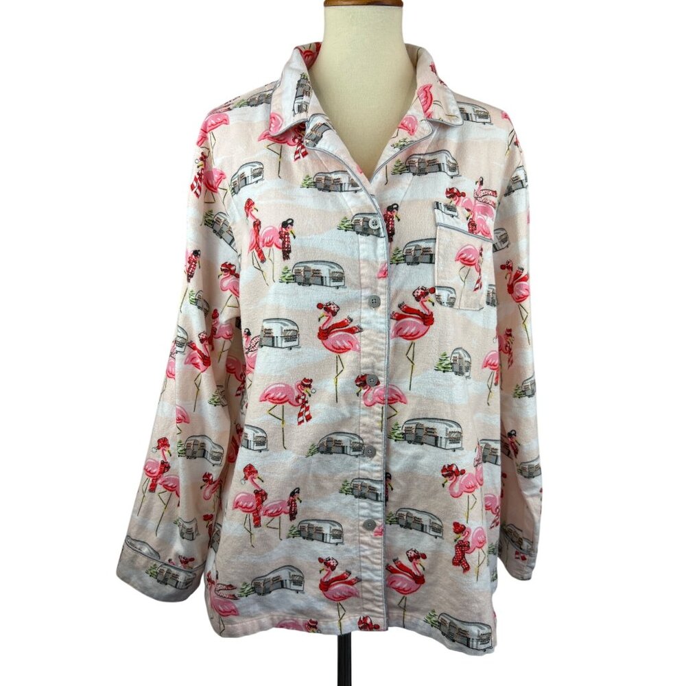 Nick & Nora XXL Flannel Long Sleeve Pajama Top Flamingo Camper Button Front